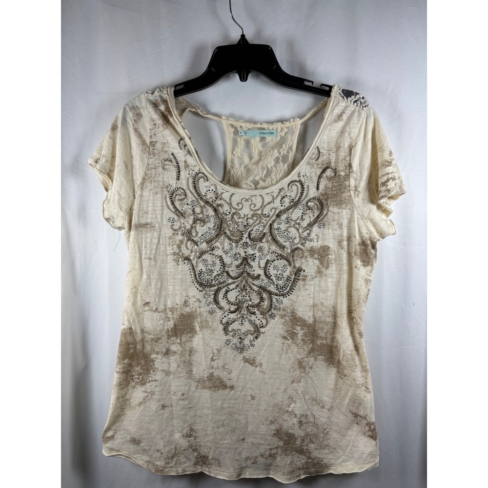 maurices Embellished Lace Back T‎ Shirt Cream Brown Short Sleeve Womens XL